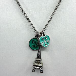 Big Sis Eiffel Tower Paris Charm Necklace Teal Heart Crystal Statement Gift
